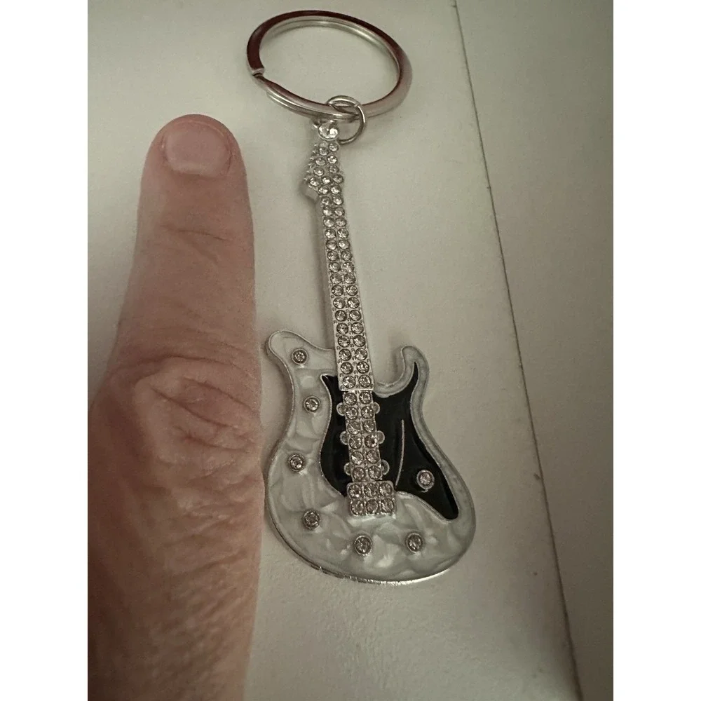 Guitar Rhinestone Keychain Silver Bling Crystal Purse Charm Keyring